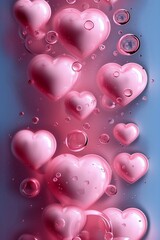 Pink 3D Hearts With Bubbles Floating On A Soft Blue-Pink Gradient, Evoking Romance And Tenderness. Ideal for Poster, Banner, Wallpaper, Flyer, Social Media