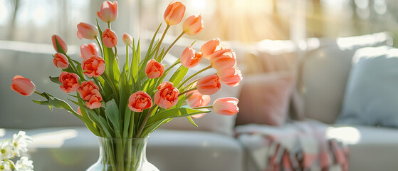 tulips in a vase on a table in front of a sofa - Powered by Adobe