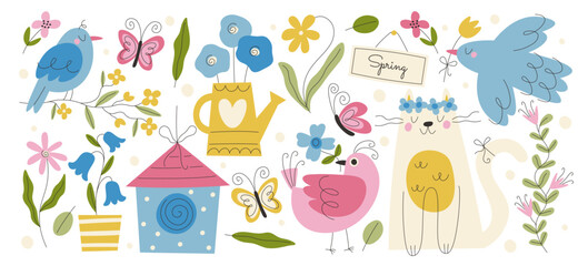 Hand drawn cute cat, birds and butterflies with spring flowers doodle design vector illustration