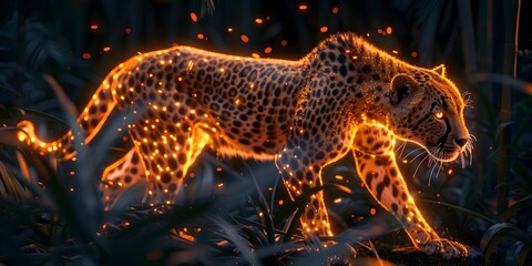 A cheetah is running through a forest with a lot of fire and sparks