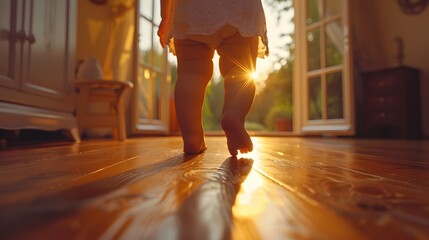 A baby is walking on a wooden floor with sunlight shining on it