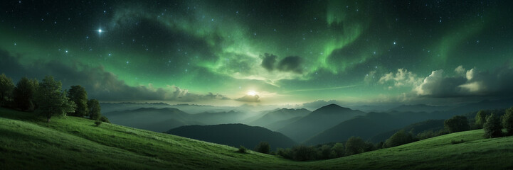 green gradient mystical light sky with clouds and star