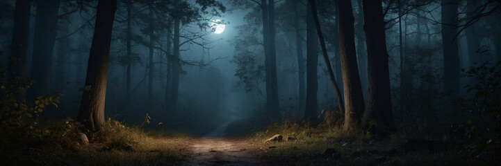 Moonlit Path Through Dark Forest - obrazy, fototapety, plakaty