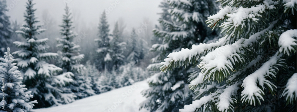 Poster snow-covered pine tree in forest