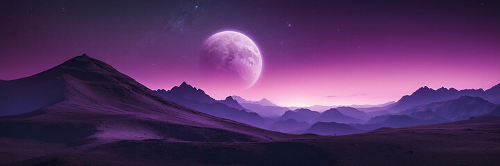 Mystical Alien Landscape With Mountains and Moon - obrazy, fototapety, plakaty