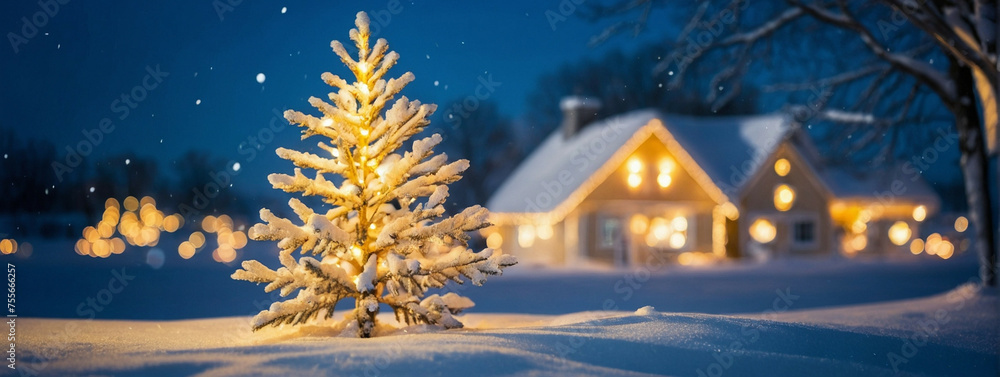 Poster Small Christmas Tree in Snowy Front Yard