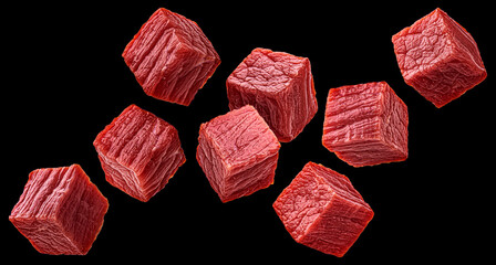 Raw beef cubes isolated on black background - 755666205