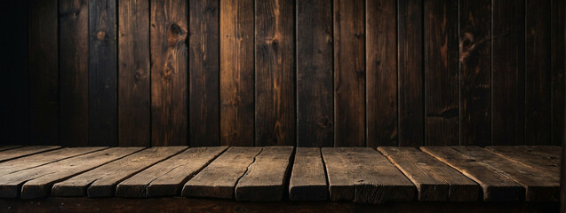 Old Wooden Table With Rustic Plank Wall Backdrop in Dim Light - obrazy, fototapety, plakaty