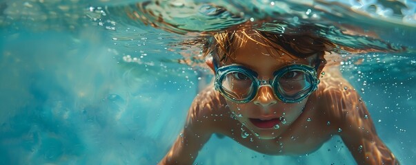 A young boy is swimming in a pool wearing goggles
