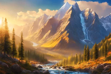 Gordijnen Landscape of Two Mountains and River (PNG 6912x4608) © CreativityMultiverse
