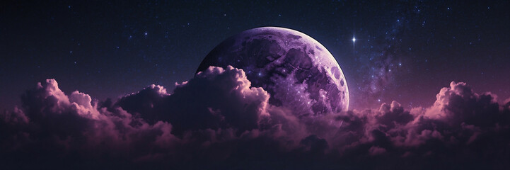Purple Moon Rising Above Fluffy Clouds Under Starlit Sky - obrazy, fototapety, plakaty