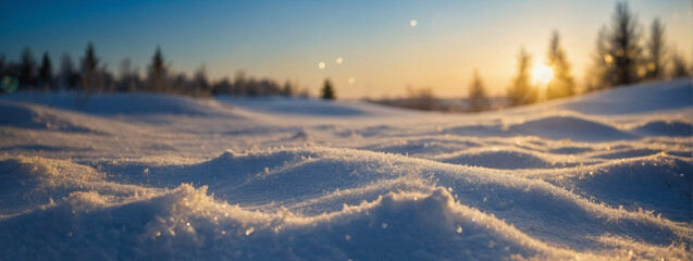 Sun Setting Over Snowy Field - obrazy, fototapety, plakaty