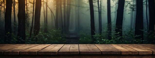 Early Morning Sunbeams Filtering Through Misty Forest Behind Wooden Table Platform - obrazy, fototapety, plakaty