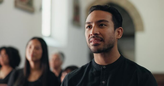 Man, congregation and church for spiritual, sermon and service for religion, memorial, and guidance. Smile, person and sanctuary to hear, comfort and salvation as christian, gospel and holy spirit