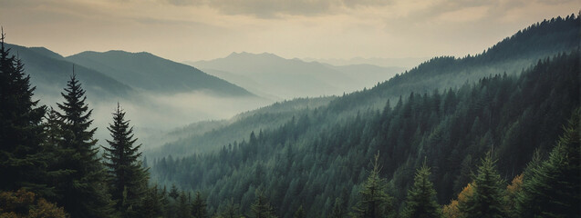 Dense Fir Forest in Misty Mountain Landscape - obrazy, fototapety, plakaty