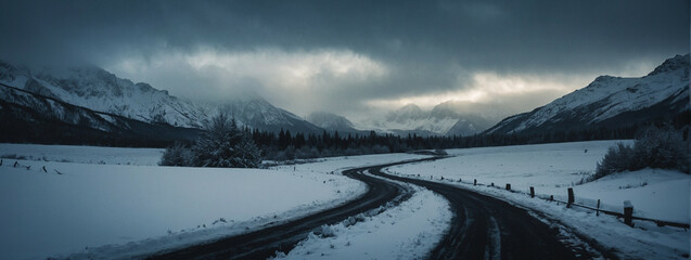 Winding Road Through a Snow-Covered Landscape at Dusk
