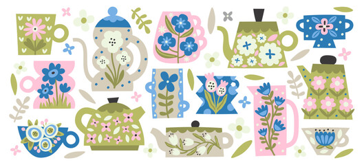 Ceramic teapot, kettles, cups and mugs with flowers natural pattern design vector illustration