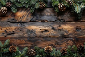Festive Fir Tree Branches and Cones on Rustic Wood Texture Background
