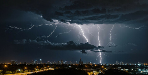 Lightning Storm Over City at Night