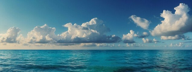 Serene Tropical Beach Panorama With Expansive Horizon and Fluffy Clouds