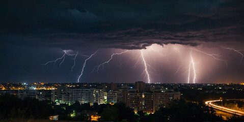 Naklejka na ściany i meble Lightning Storm Over City at Night