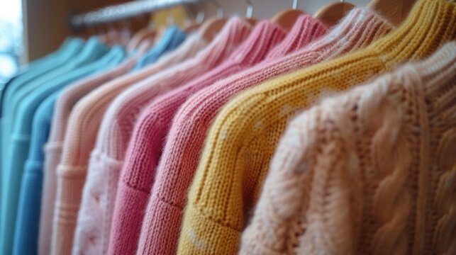 Close-up view of a variety of colorful youth cashmere sweaters and hoodies on a clothes rack, highlighting the detailed textures and candy pastel colors.