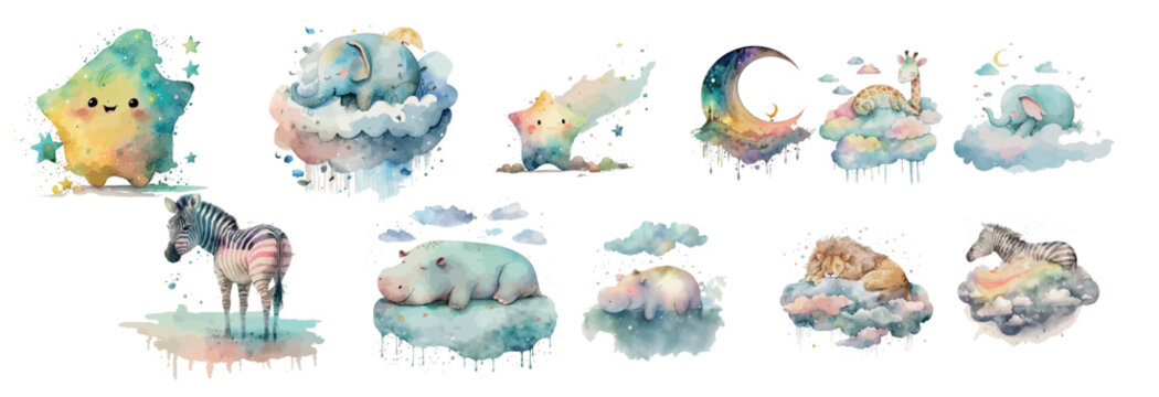Whimsical Watercolor Collection of Animals and Celestial Bodies: Detailed Illustrations of Zebra, Hippopotamus Amidst Clouds, Stars