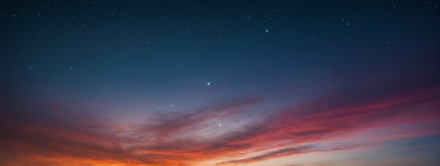 Fototapeta na wymiar Dusk Sky Illuminated by Vibrant Twilight Hues and Distant Stars