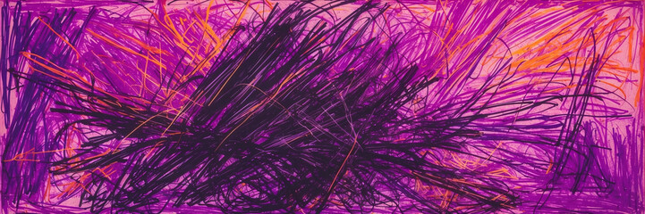 Abstract Expressionist Artwork Featuring Dynamic Black and Orange Strokes on Purple Gradient