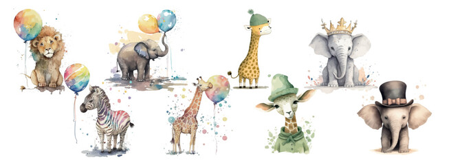Whimsical Watercolor Animals with Balloons and Hats, a Collection of Playful, Artistic Wildlife Illustrations for Children’s Decor