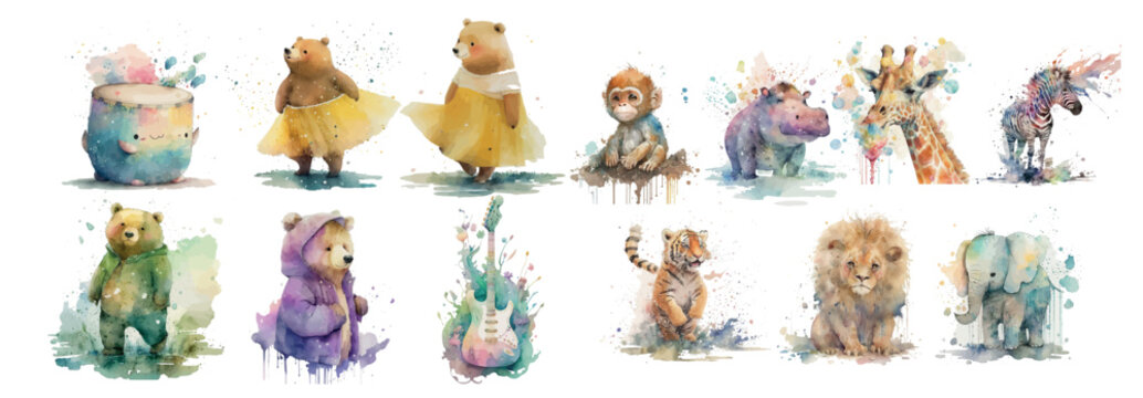 Whimsical Watercolor Animal Collection: Artistic and Colorful Renderings of Various Animals in Different Poses