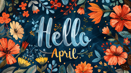 Frühlingsgruß im April: Lebhafte Blüten und kalligrafischer Schriftzug - obrazy, fototapety, plakaty