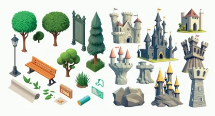Foto op Aluminium Collection of Vector Elements for Fantasy Game Environment, Including Various Castles, Trees © Zaleman