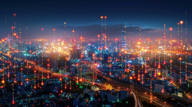 Digital cityscape with glowing network connections and lights