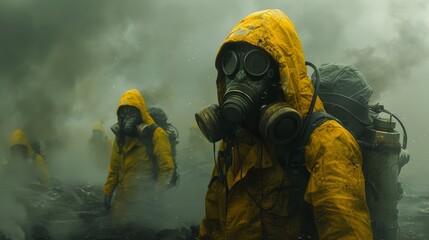 people in smoke in gas masks - 755668237