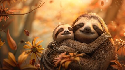 Fototapeta premium Charming 3D sloth mother and baby sharing a heartwarming hug rendered with intricate detail and set against a warm gentle background