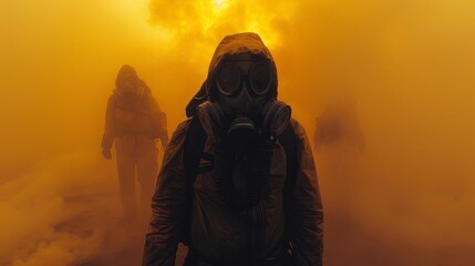 people in smoke in gas masks - 755668260