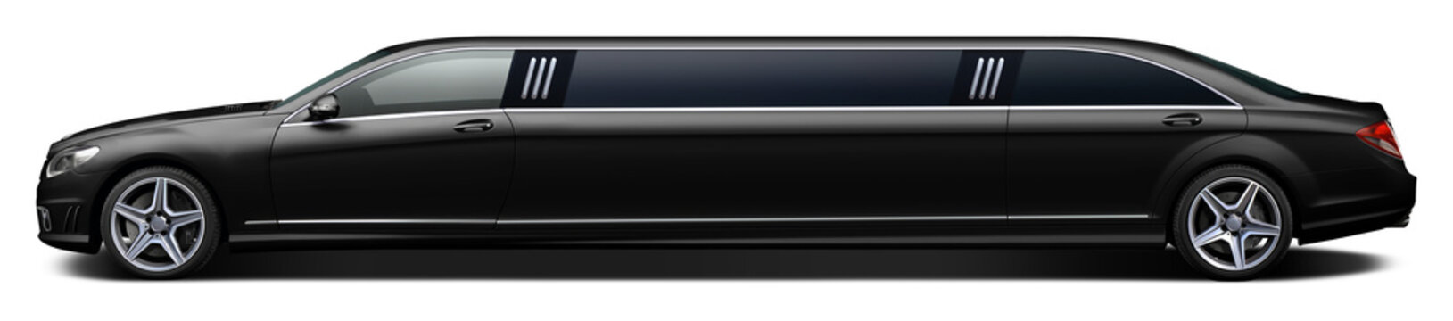 Modern black limousine on a transparent background in png format.
