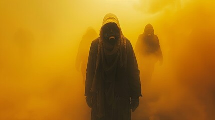 people in smoke in gas masks - 755668469