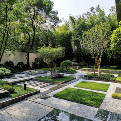 Naklejka premium Beautiful arranged garden, modern garden, sustainable landscape design, green arrangements. exclusive garden