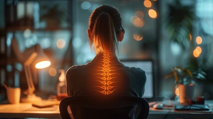 a woman with neck and back pain - obrazy, fototapety, plakaty