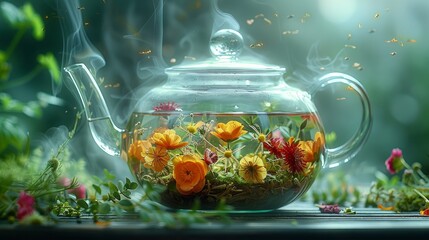 teapot with flower tea - 755669226