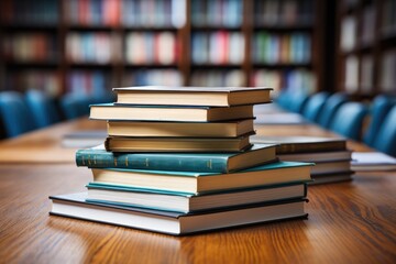 Fototapeta premium a stack of books on top a desk professional photography