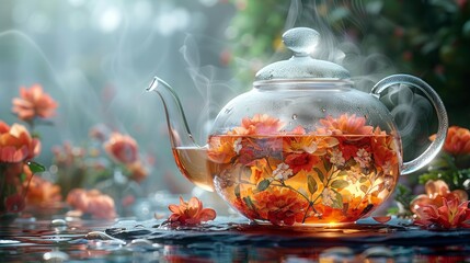 teapot with flower tea - 755669236