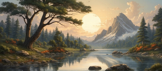 Sunrise Over a Serene Mountain Lake Surrounded by Lush Forest - obrazy, fototapety, plakaty