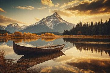 Boat on Lake by Mountain - obrazy, fototapety, plakaty
