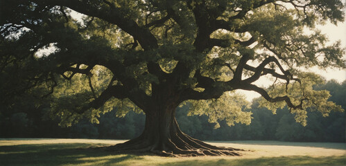 Fototapeta premium A Tree in a Grassy Field Near a Forest