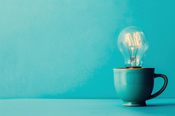 Light bulb inside coffee mug, idea, creativity and innovation concept, blue background. - obrazy, fototapety, plakaty