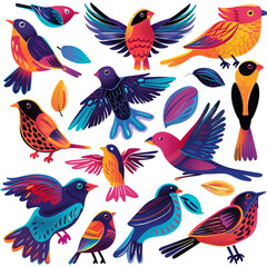 a set of different colorfull birds in different positions