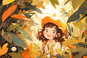 Illustration of a girl during the Beginning of Autumn, an illustration of a scene of a girl among flowers in autumn
